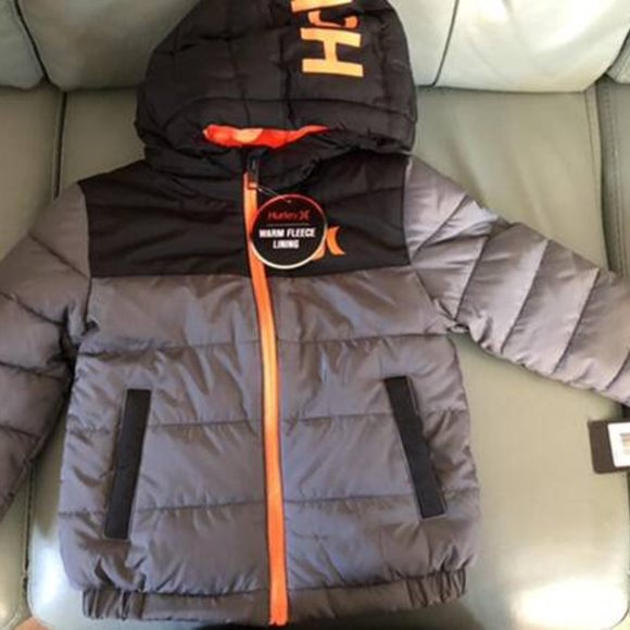 Hurley Other - Hurley Boy's Size 4 Puffer Jacket NEW Cool Gray & Orange Fleece Lined